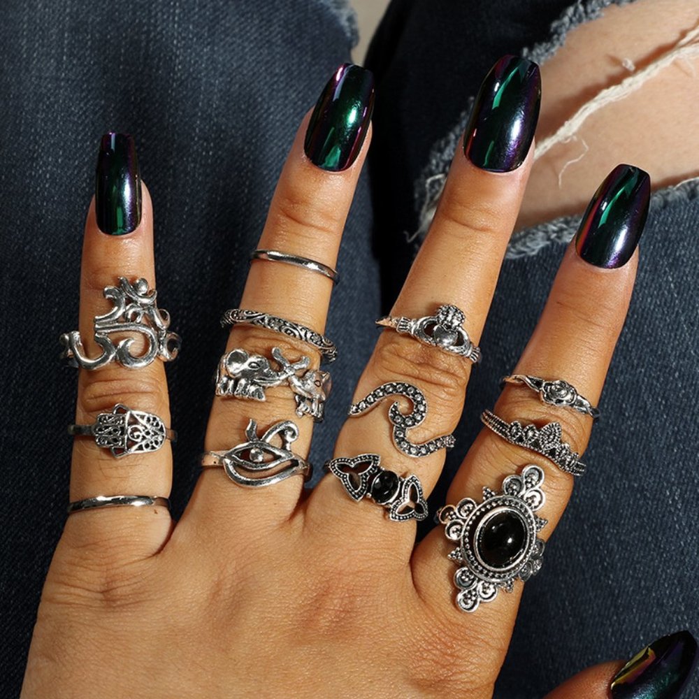 Hamsa Om Eye of Horus Silver 13-Ring Set - Picture 3 of 8